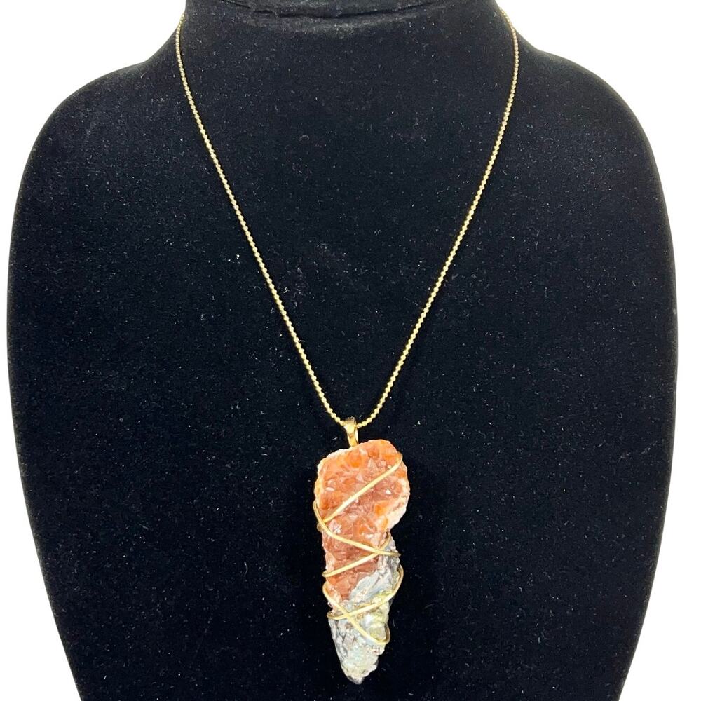 Wire Wrapped Raw Aragonite Pyrite Crystal Pendant Necklace Red Orange Iridescent